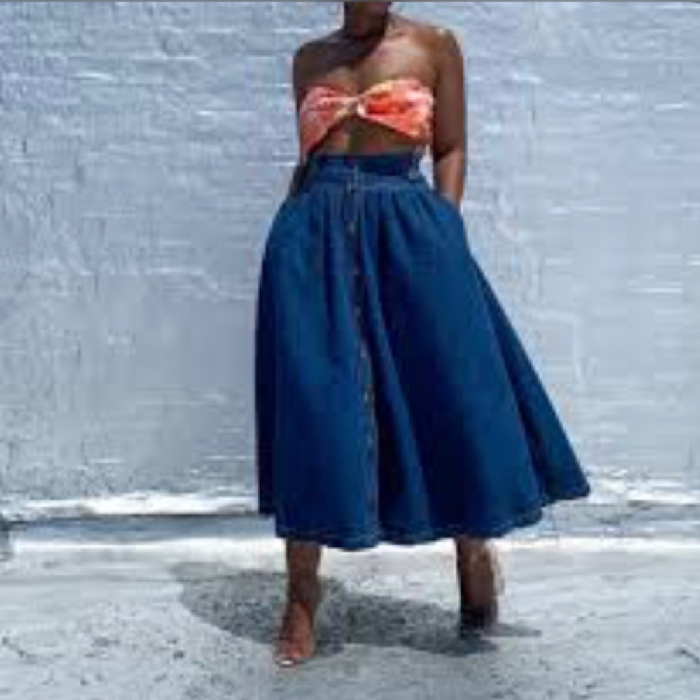 Vintage Cherokee Denim A-line Pleated Midi Skirt